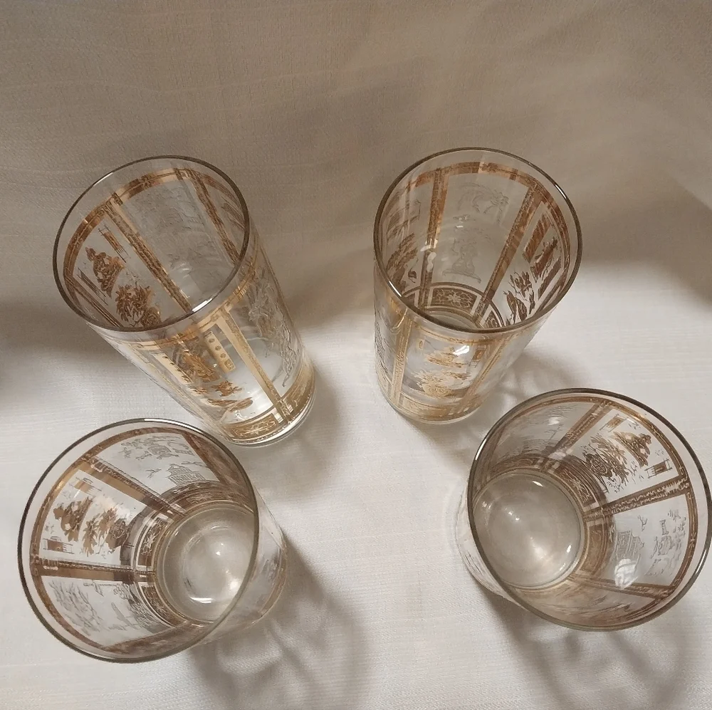Culver Mid Century 22K Gold Chinoiserie Design Set of Four Highball Glasses